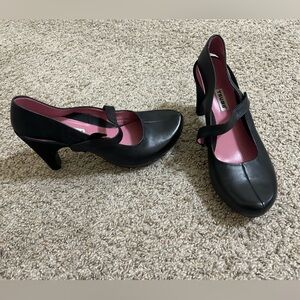Tsubo Acrea Black Leather Slingback Mary Jane Pump Heel Sz 9 Pink Metallic Lined